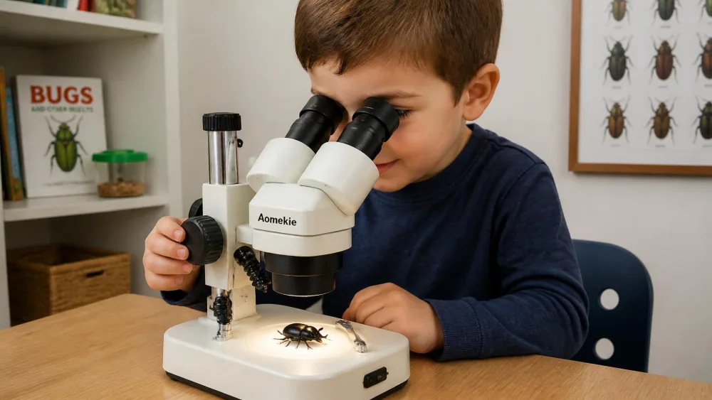 A five-year-old looking through the twin eyepieces of the Aomekie stereo microscope at a beetle on the stage.