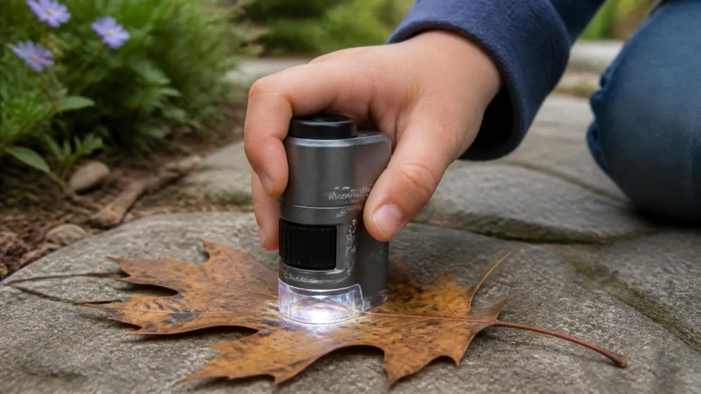 A child's hand pressing the Carson MicroBrite Plus pocket microscope onto a fallen leaf on a garden path, its LED lit.