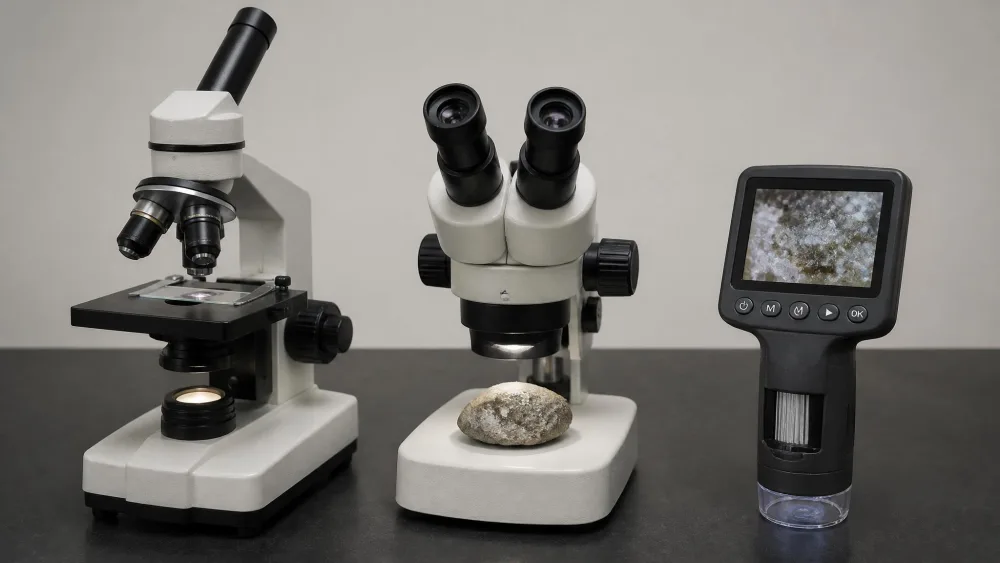 Three microscopes together for comparison: a tall compound scope with a slide, a squat binocular stereo scope over a rock, and a handheld digital model.