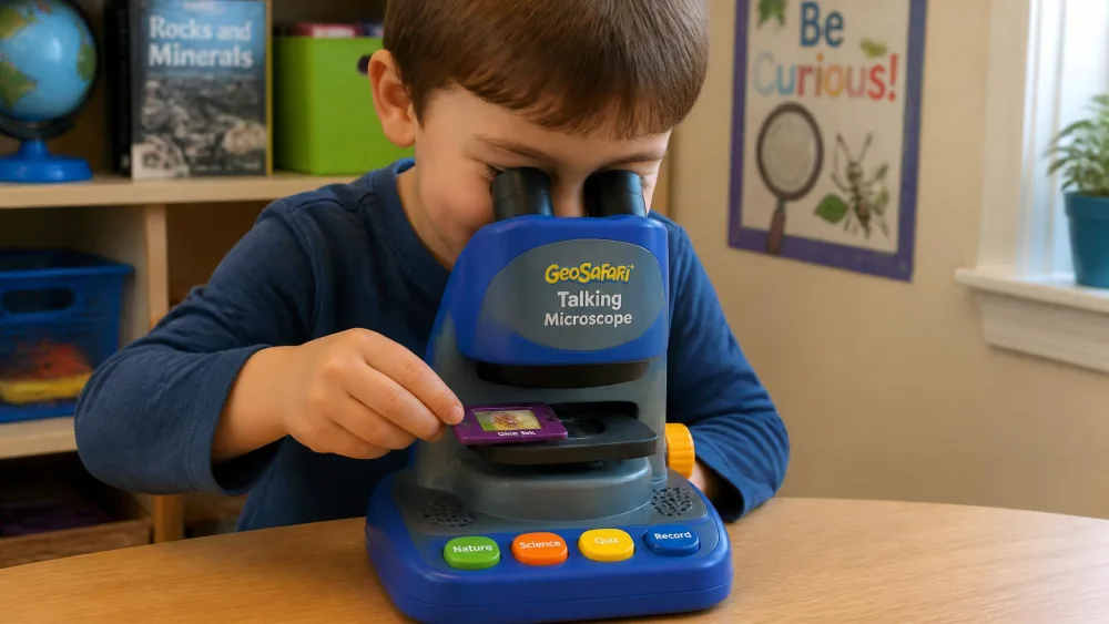 A four-year-old pressing a chunky plastic slide into the GeoSafari Talking Microscope and looking through its twin eyepieces.