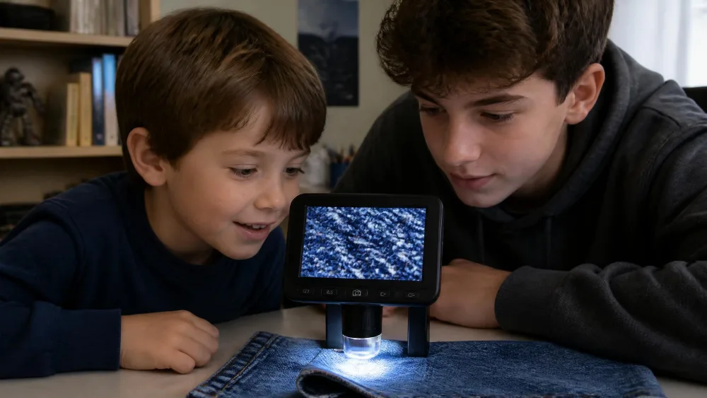 Two children aged about six and thirteen leaning over a handheld digital microscope, its screen showing magnified denim threads.