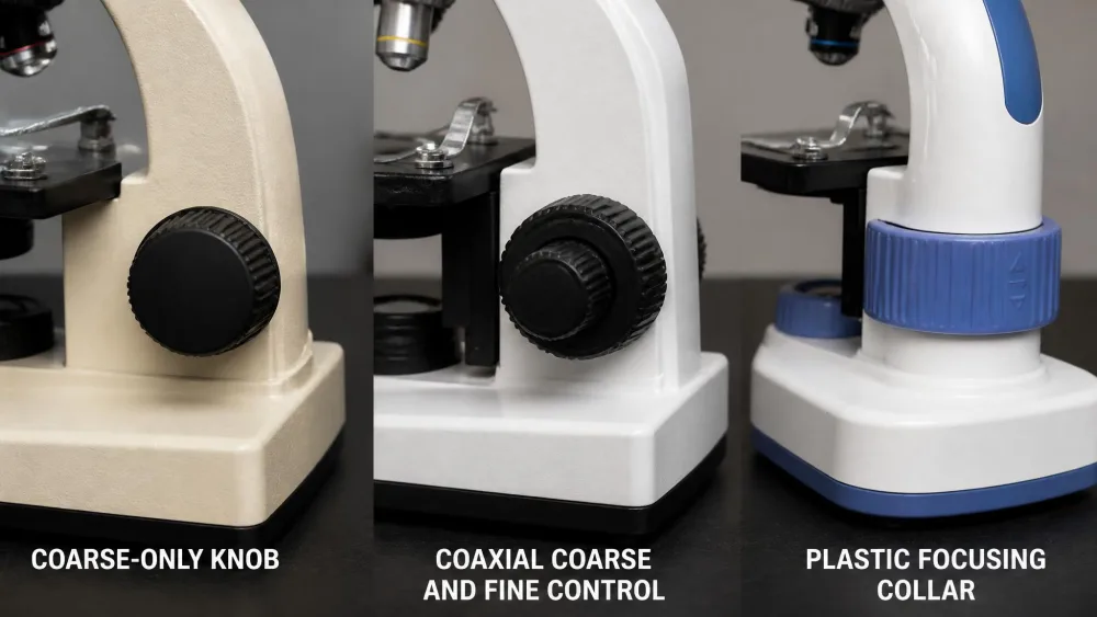 Close-up of three kids' microscopes side by side showing a coarse-only knob, a coaxial coarse and fine control, and a plastic focusing collar.