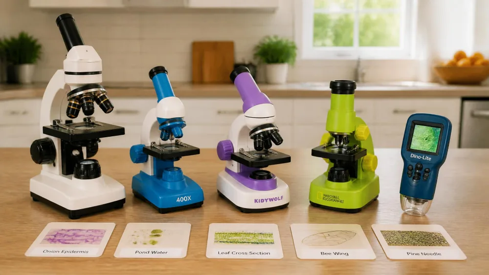 Five kids' microscopes lined up on a kitchen table, from a tall compound scope to a handheld digital model, prepared slides in front.
