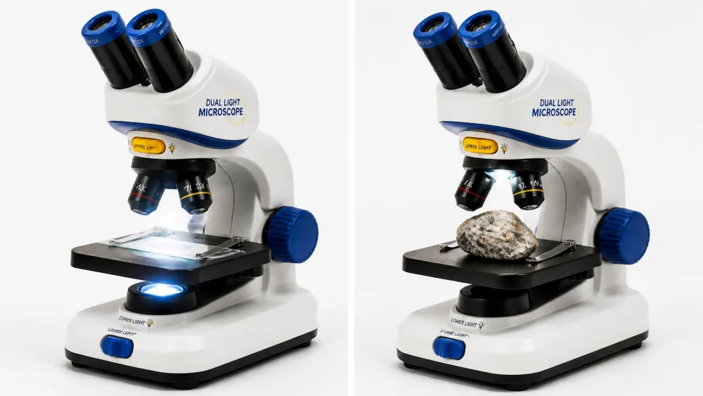 A dual-light kids' microscope shown twice, once with the under-stage LED lighting a glass slide and once with the overhead LED lighting a rock.