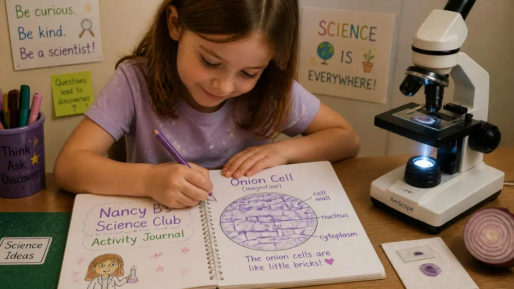 An eight-year-old drawing a magnified onion cell into the Nancy B's Science Club activity journal, the lit microscope beside her.