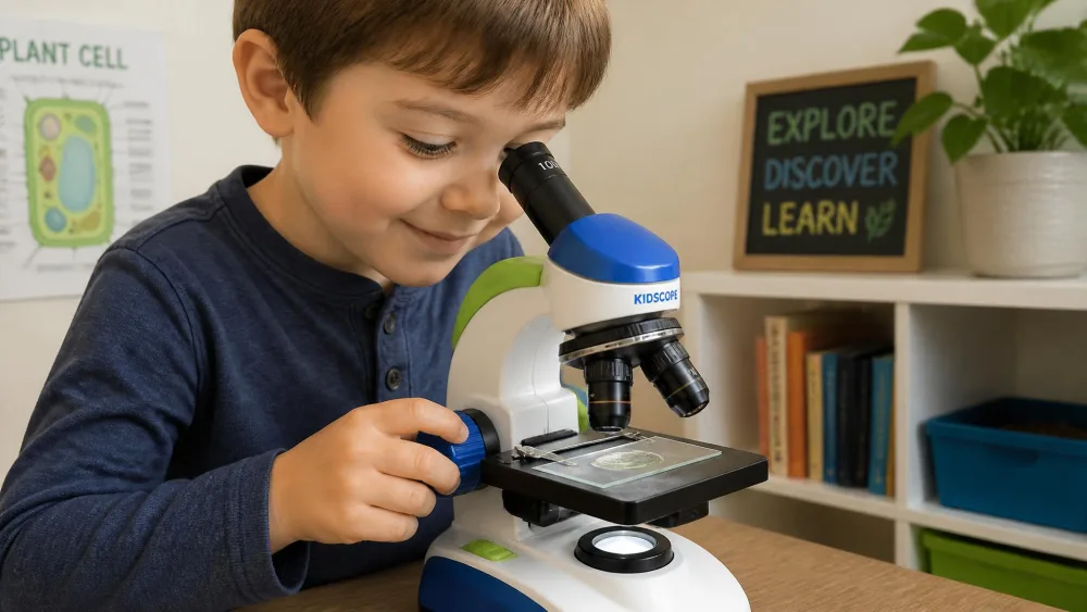 A six-year-old turning the large focus knob on the National Geographic kids microscope, a prepared plant slide clipped to the lit stage.
