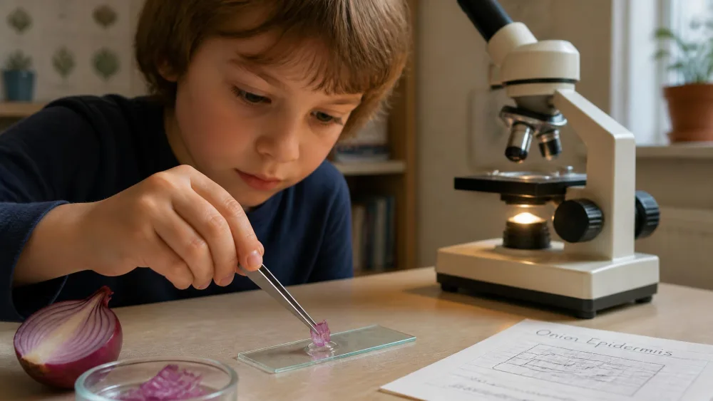 A child using tweezers to press thin onion skin into a drop of water on a glass slide, a lit microscope waiting behind.