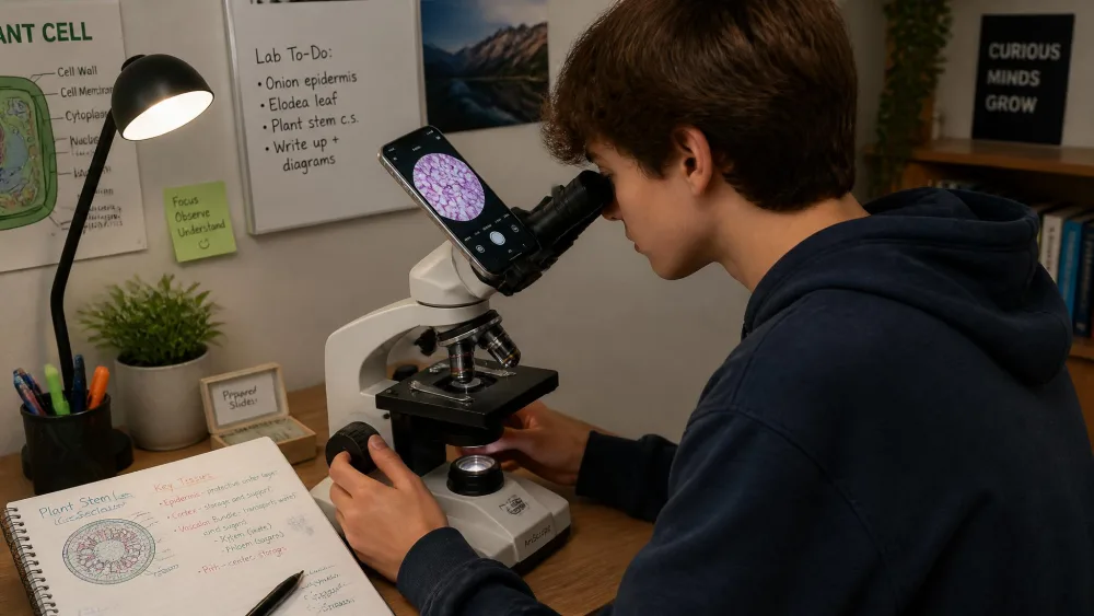 A teenager at a desk with a compound microscope tilted at 45 degrees, a smartphone clamped to the eyepiece and biology notes alongside.