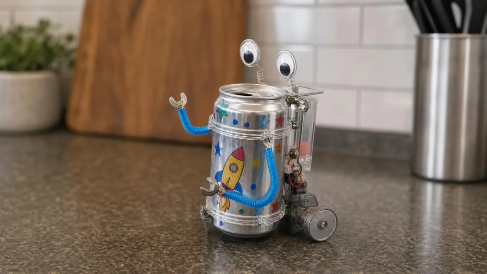 A finished 4M Tin Can Robot made from a decorated soda can with googly eyes and drinking-straw arms standing on a kitchen counter.