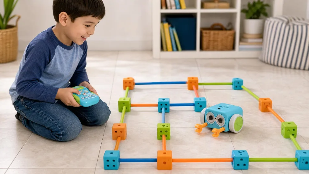 A five-year-old kneeling on a tile floor holding Botley's blue remote programmer while the white robot crosses a maze of coloured cubes and rods.