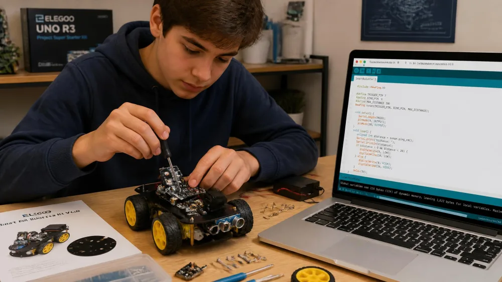 A teenager assembling the ELEGOO UNO R3 smart robot car chassis with its ultrasonic sensor, a laptop beside them showing the Arduino IDE with C code.