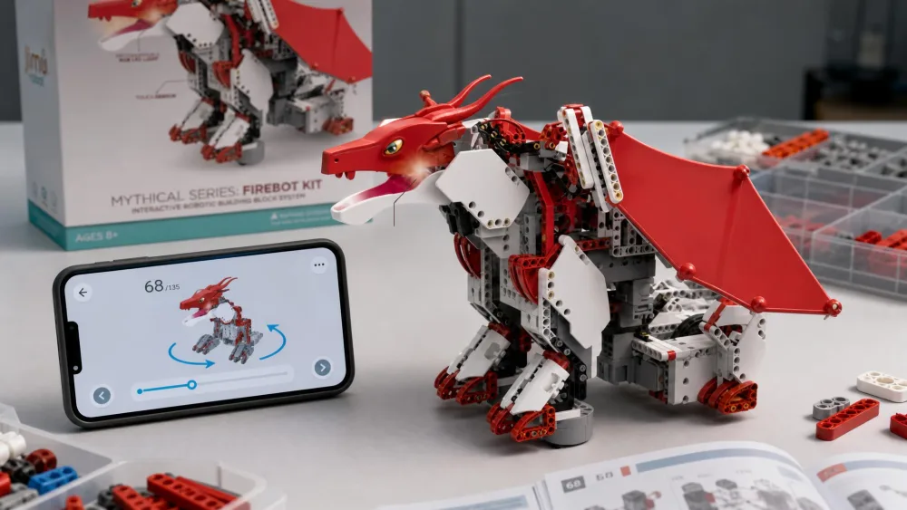 A part-built JIMU FireBot dragon with red articulated wings beside a phone showing the app's rotating 3D build step.