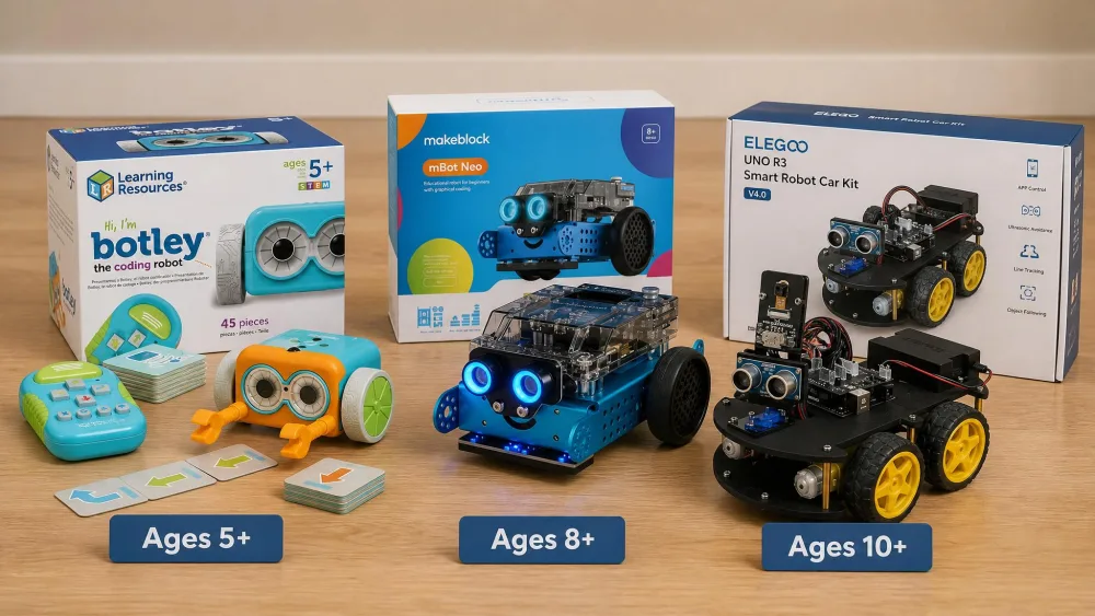 Three robot kits arranged by age group on a wooden floor, with Botley and its remote, a built Makeblock mBot, and the ELEGOO robot car with its Arduino board.