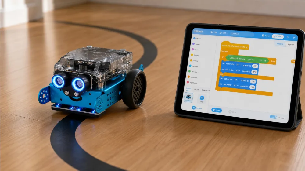 A built Makeblock mBot with its blue aluminium chassis following a black tape line across a hardwood floor beside a tablet running the mBlock app.