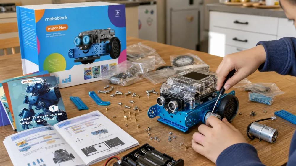 A kitchen table covered with partly built robot kits, including a Makeblock mBot chassis and scattered screws, with a child's hands tightening a motor mount.