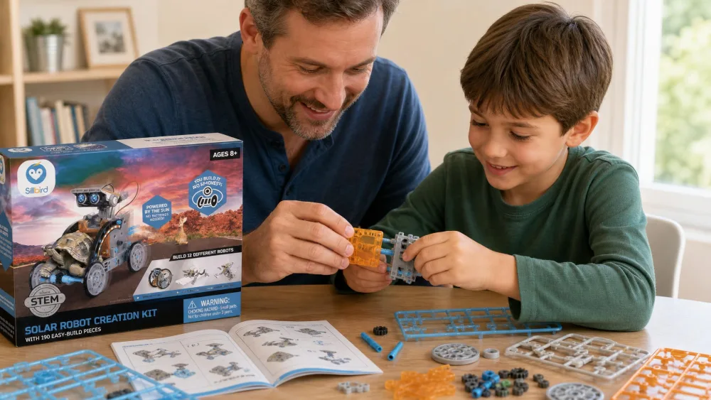 A parent and child fitting the small plastic gearbox of the Sillbird solar robot together at a table, with sprues and trimmed parts nearby.