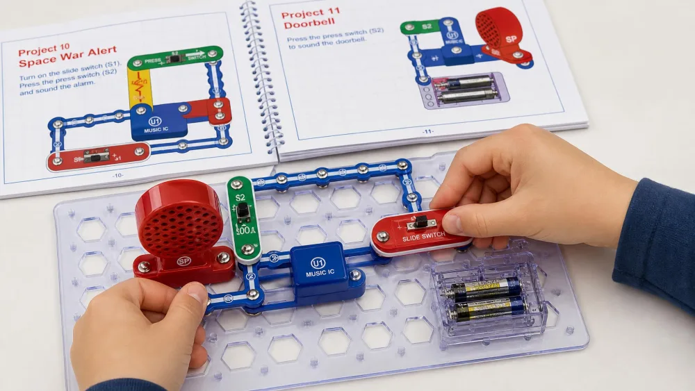 A child's hands snapping a red slide switch onto the Snap Circuits Jr. plastic grid next to a small speaker and the open colour project manual.