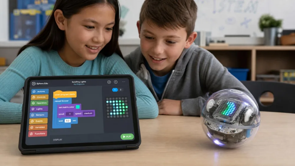 A Sphero BOLT displaying a scrolling pattern on its 8x8 LED matrix while two children watch from a tablet running Sphero Edu.