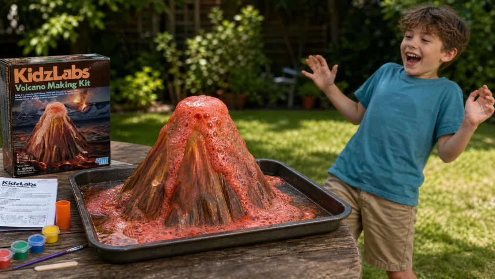 A painted plaster volcano from the 4M KidzLabs kit erupting with red foam onto a baking tray outdoors, with a child stepping back and laughing.
