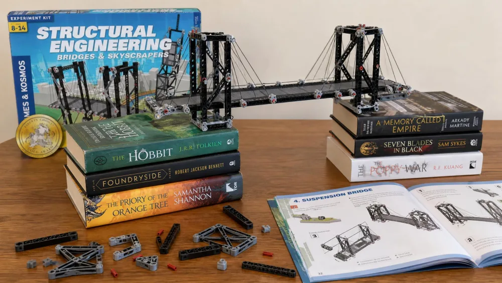 A part-built plastic truss bridge from the Thames & Kosmos Bridges & Skyscrapers kit spanning two stacks of books, with loose pieces and the manual on the table.