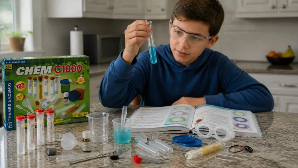 An eleven-year-old in safety glasses holding a test tube of blue liquid over the open Chem C1000 lab manual, with beakers and pipettes on a kitchen counter.