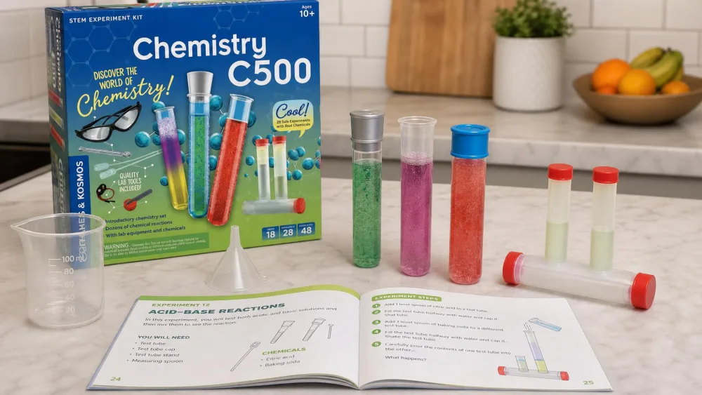 Test tubes, a beaker and a funnel from the Thames & Kosmos Chem C500 arranged on a kitchen counter beside the open 48-page experiment manual.