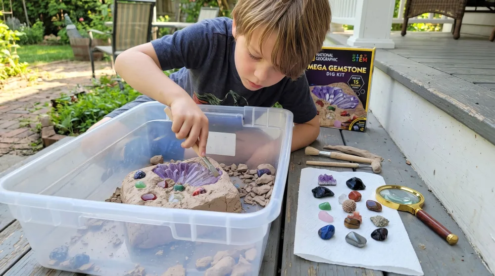 A seven-year-old chiselling into a clay dig brick inside a plastic tub on a porch step, with excavated gemstones on a paper towel beside a magnifying glass.