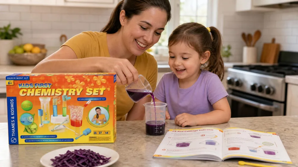 A parent and a four-year-old at a kitchen counter pouring purple cabbage juice into a plastic beaker, with the picture-led Kids First Chemistry Set manual open beside them.