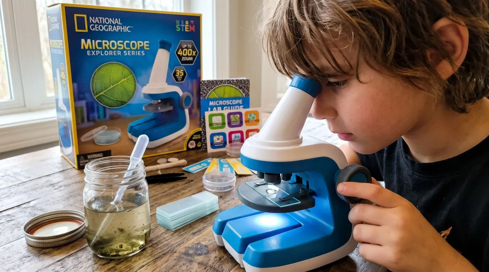 A child at the eyepiece of a National Geographic kids microscope, with a jar of pond water and blank glass slides beside the illuminated stage.
