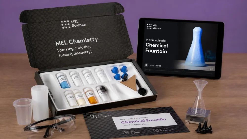 An opened MEL Science monthly box on a table with sealed reagent vials, a plastic tray and a printed card, and a tablet showing the video guide propped behind it.