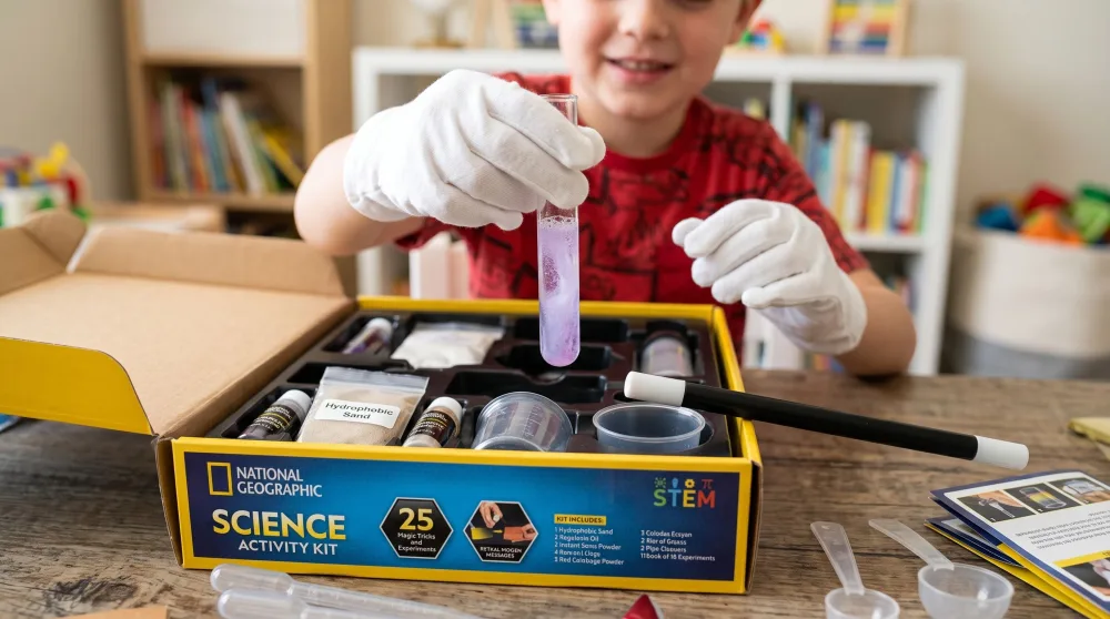 A child in white magic gloves holding a test tube above the open National Geographic Science Magic Kit box, with the wand beside it.