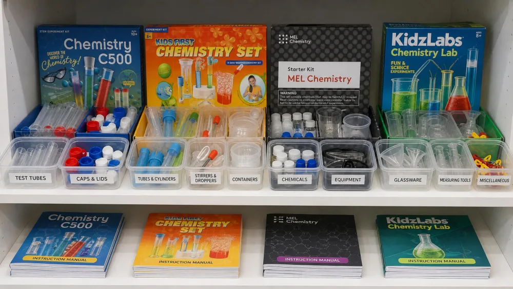 A shelf holding four open science kit boxes with parts sorted into labelled clear plastic tubs and a stack of instruction booklets.