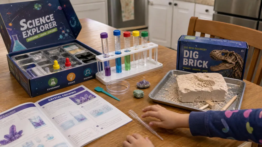 A kitchen table covered with open science kits, test tubes in a rack and a dig brick on a tray, with a child's hands reaching for a pipette.