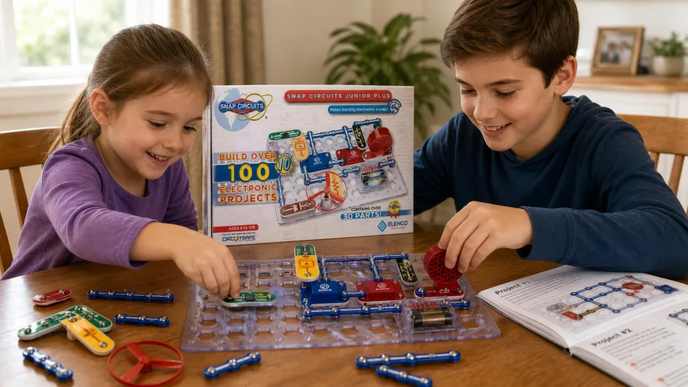 Two siblings aged about six and eleven snapping Snap Circuits parts onto the grid baseplate at a dining table, with the project manual propped between them.