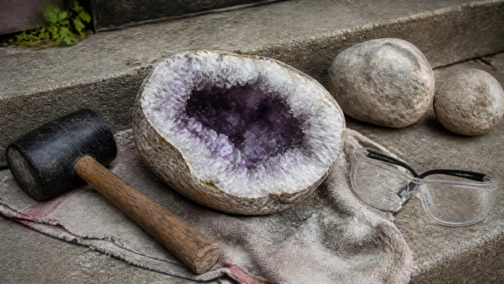 A cracked-open geode showing a white and purple crystal cavity resting on an old rag on a concrete step, with a rubber mallet, safety goggles and uncracked geodes nearby.