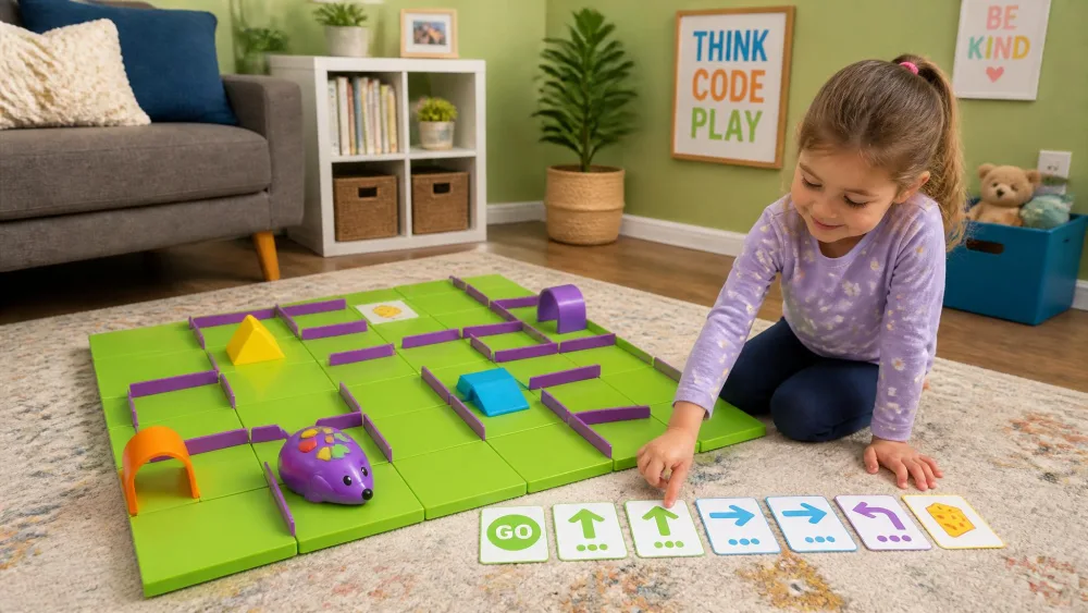 A colourful 20 by 20 inch maze board assembled on a living room floor with green walls and a purple robot mouse, while a five-year-old lays out coding cards in a row.