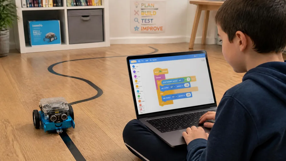 A blue metal Makeblock mBot robot following a black line taped across a wooden floor, with a ten-year-old watching from a laptop showing coloured Scratch coding blocks.