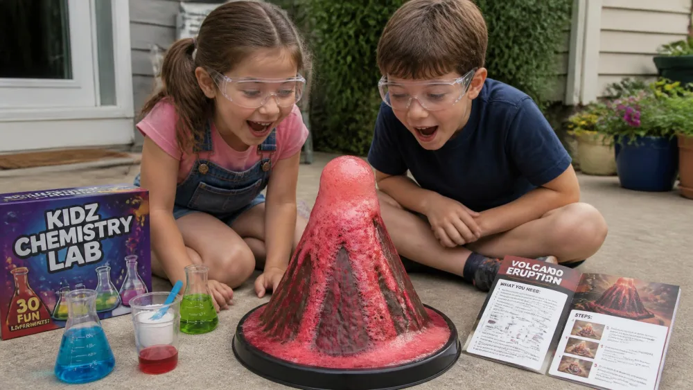 Two children in safety goggles watching a red foaming volcano erupt from a National Geographic chemistry set on a concrete patio, with beakers and the experiment guide beside them.