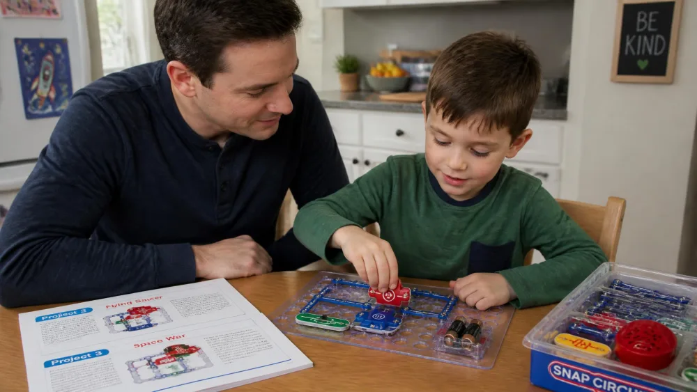 A parent sitting beside a six-year-old at a kitchen table, both looking at an open Snap Circuits manual while the child snaps a red component onto the plastic circuit grid.
