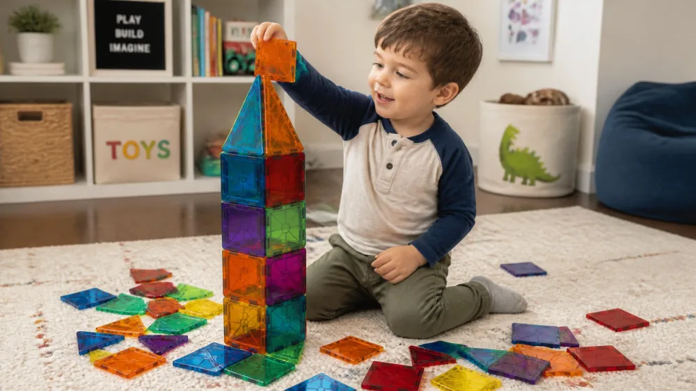 A three-year-old clicking a translucent orange magnetic tile onto a tall colourful tower on a rug, with a scattered pile of PicassoTiles squares and triangles around them.