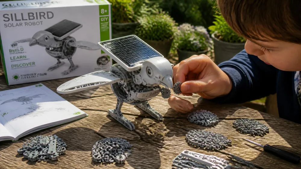 A partly assembled Sillbird solar robot with its black solar panel catching sunlight on a garden table, with small grey plastic parts sorted into piles and a child fitting a gear.