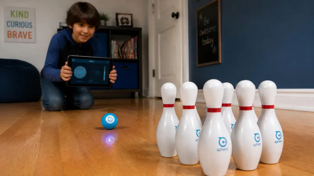A small blue Sphero Mini robot ball rolling toward six white bowling pins set up on a hardwood floor, with a child kneeling behind a tablet showing the drive controls.