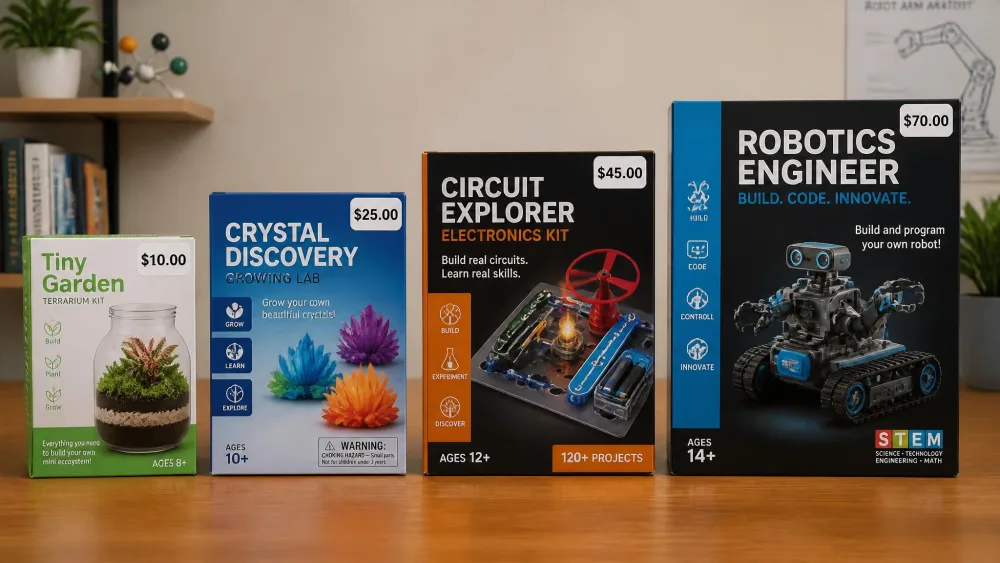 Four STEM kit boxes at different price points lined up on a table with their price stickers visible, from a ten dollar terrarium kit to a seventy dollar robotics kit.