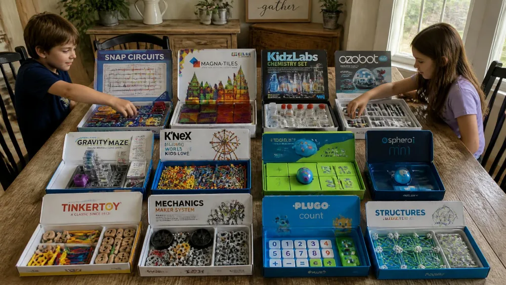 Twelve open STEM kit boxes arranged across a long wooden farmhouse table, including Snap Circuits, magnetic tiles, a chemistry set and a small blue robot ball, with two children reaching for parts.