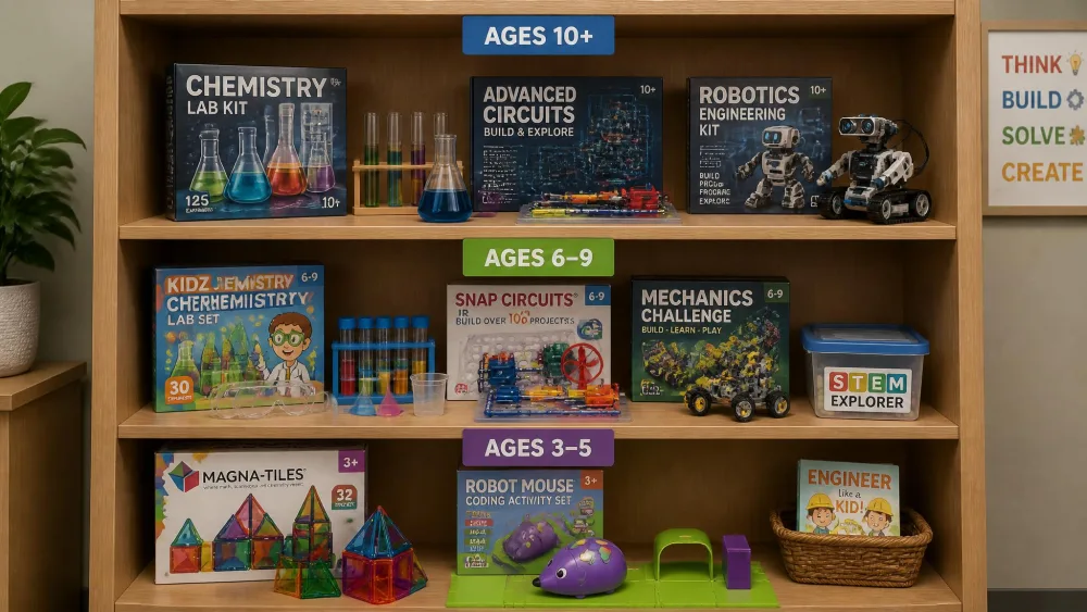 A wooden shelf with STEM kits grouped into three labelled sections by age, magnetic tiles and a robot mouse on the lowest shelf, chemistry and circuits kits above.