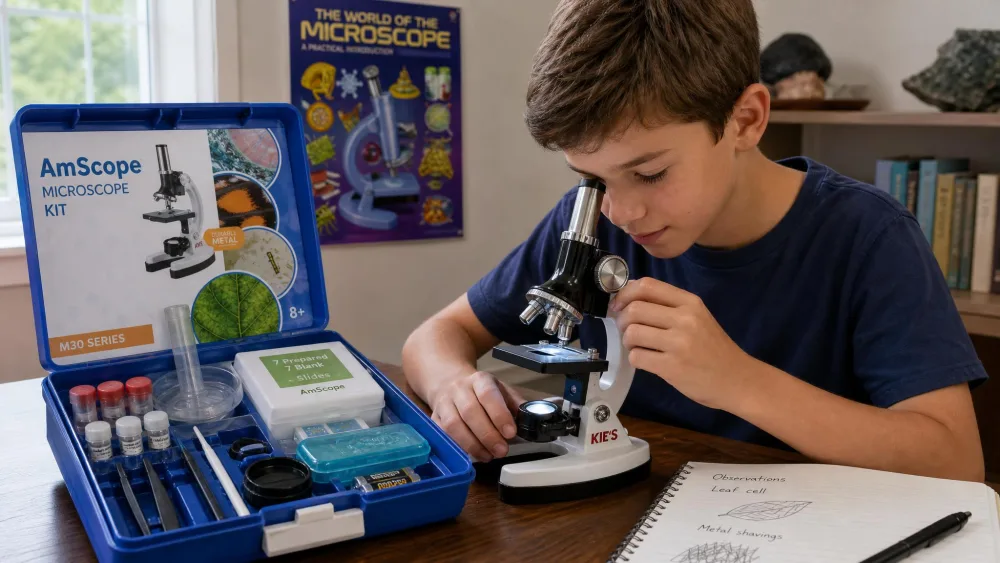 A 10-year-old focusing the metal-body AmScope M30 microscope with a prepared slide in place and the open kit case beside it.