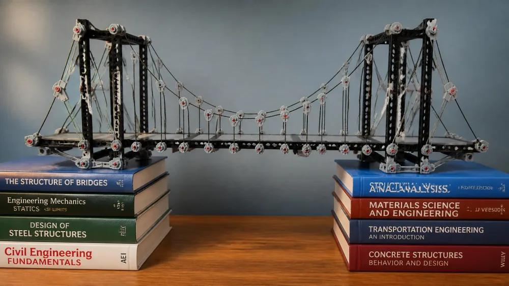 A model suspension bridge built from Thames & Kosmos parts spanning two stacks of books while a child loads small weights onto the deck.