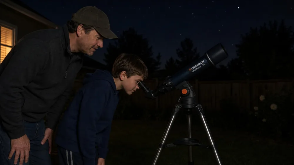 A parent and a 10-year-old at a Celestron AstroMaster 70AZ refractor on its tripod in a dark backyard, the child at the eyepiece.