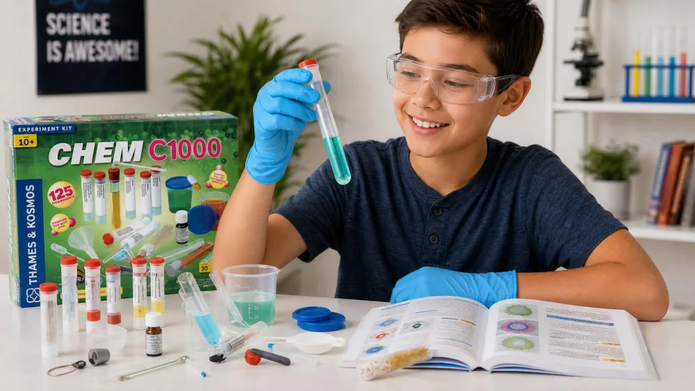 A 12-year-old in safety glasses holding a Chem C1000 glass test tube of colored liquid, with the open lab manual and dropper pipettes on the table.