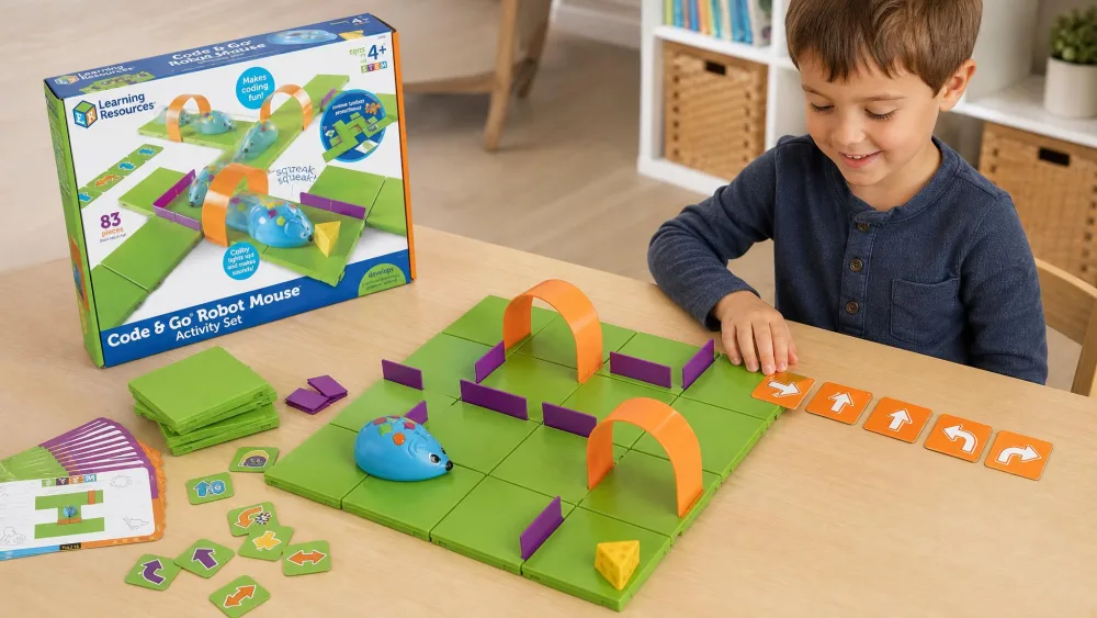 A 5-year-old laying out orange coding cards beside a built maze grid, with Colby the robot mouse at the start and the cheese wedge in the far corner.